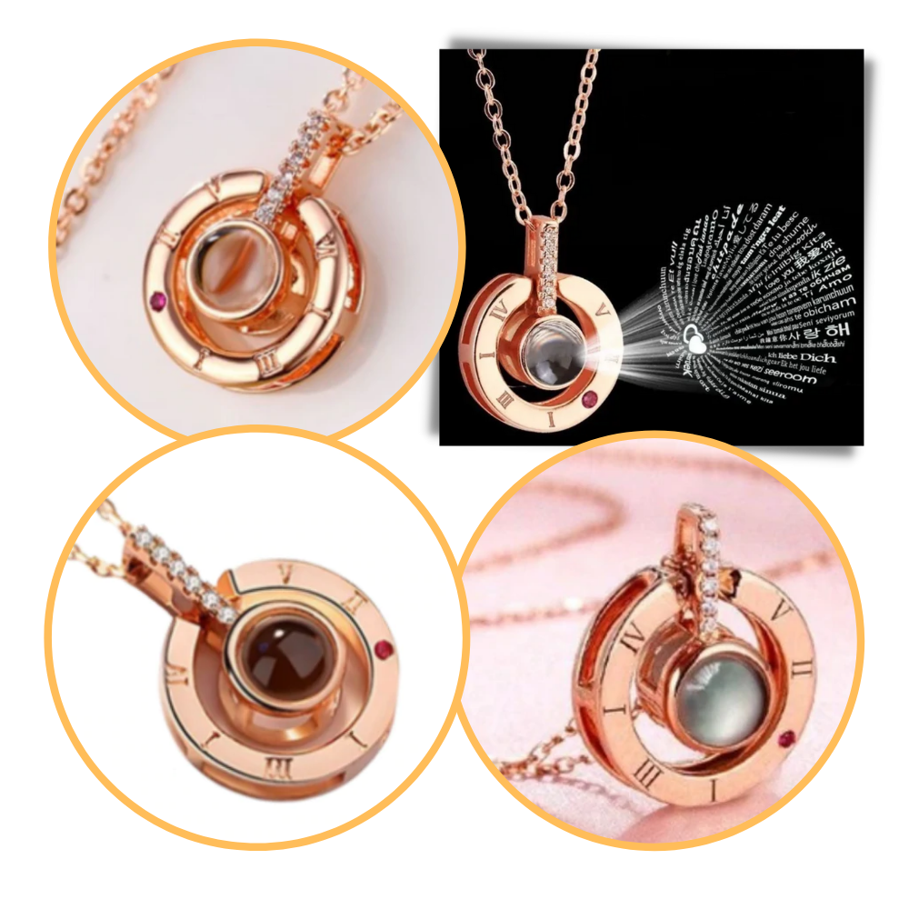Colar "Je t'aime" em 100 línguas da marca Ka com pingente elegante, visível na imagem.