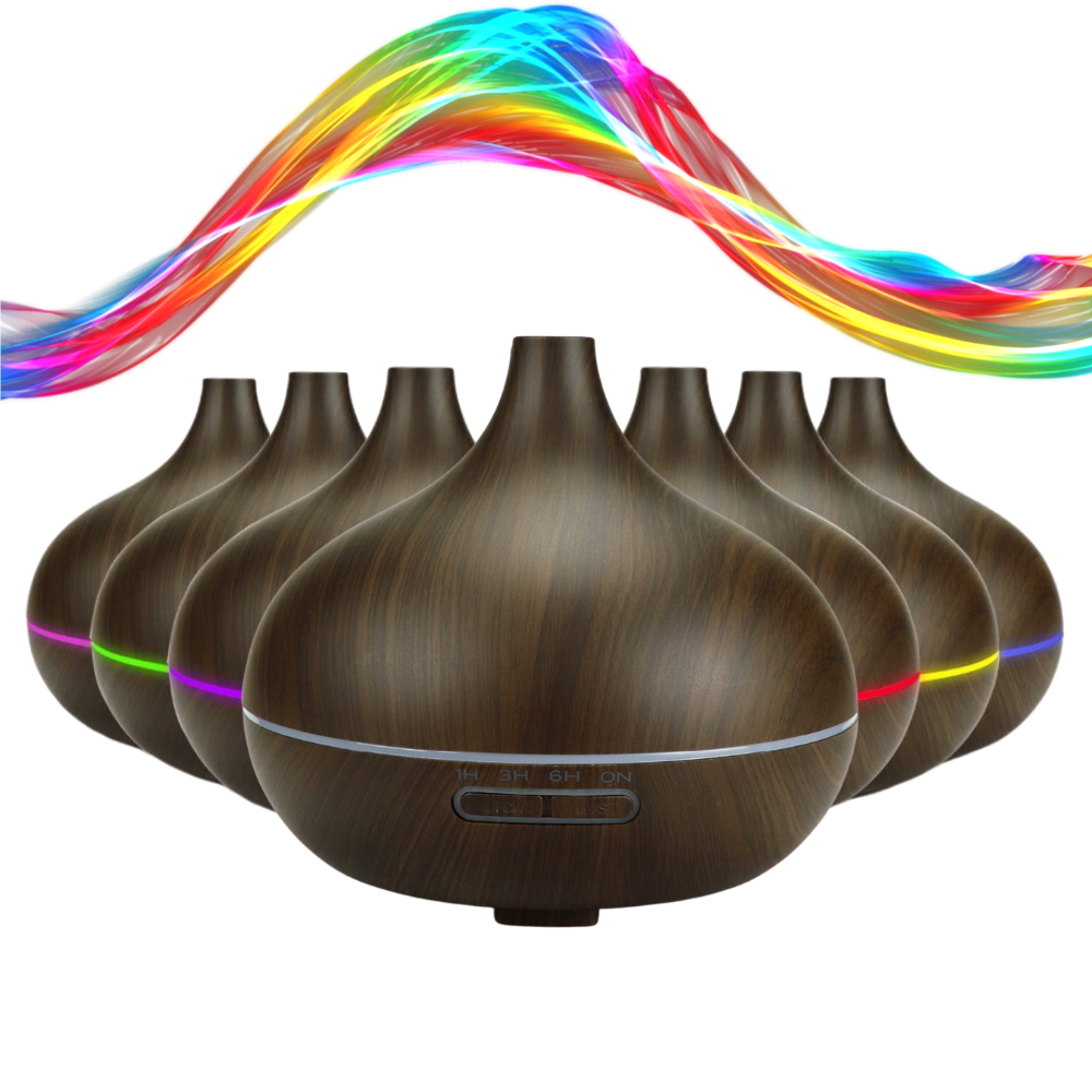Difusor de óleos essenciais e umidificador Dengmore com luzes LED coloridas e design compacto para ambientes.