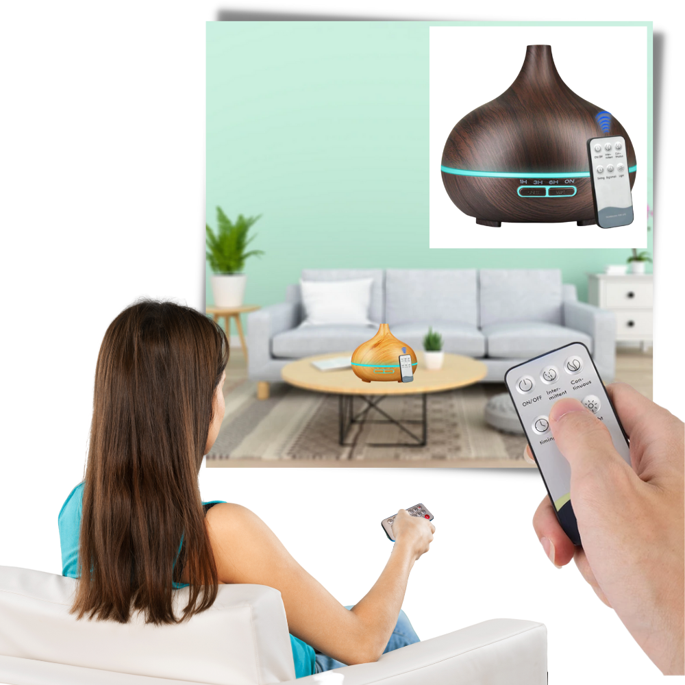 Difusor de óleos essenciais e umidificador Dengmore com controle remoto, acessórios para umidificadores, em funcionamento.