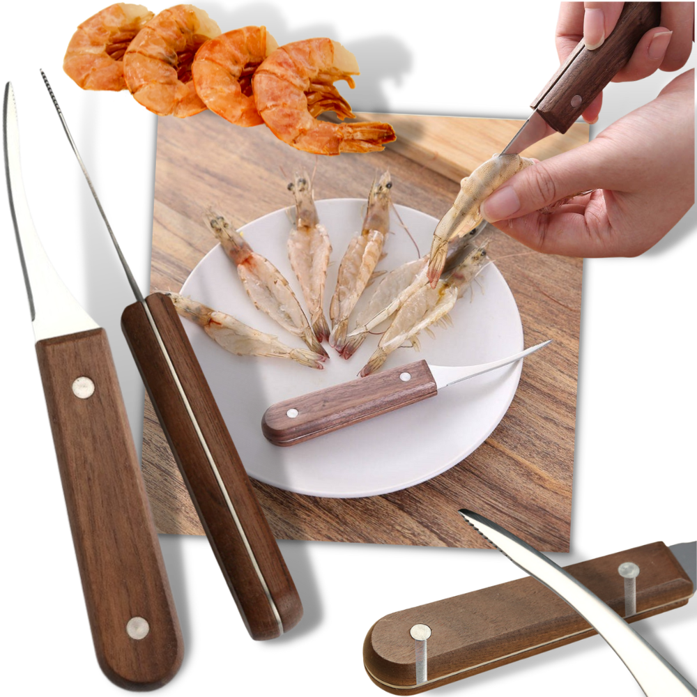 Couteau décortiqueur de crevettes Simday en acier inoxydável, utensílio de cozinha para remover cascos de camarão.
