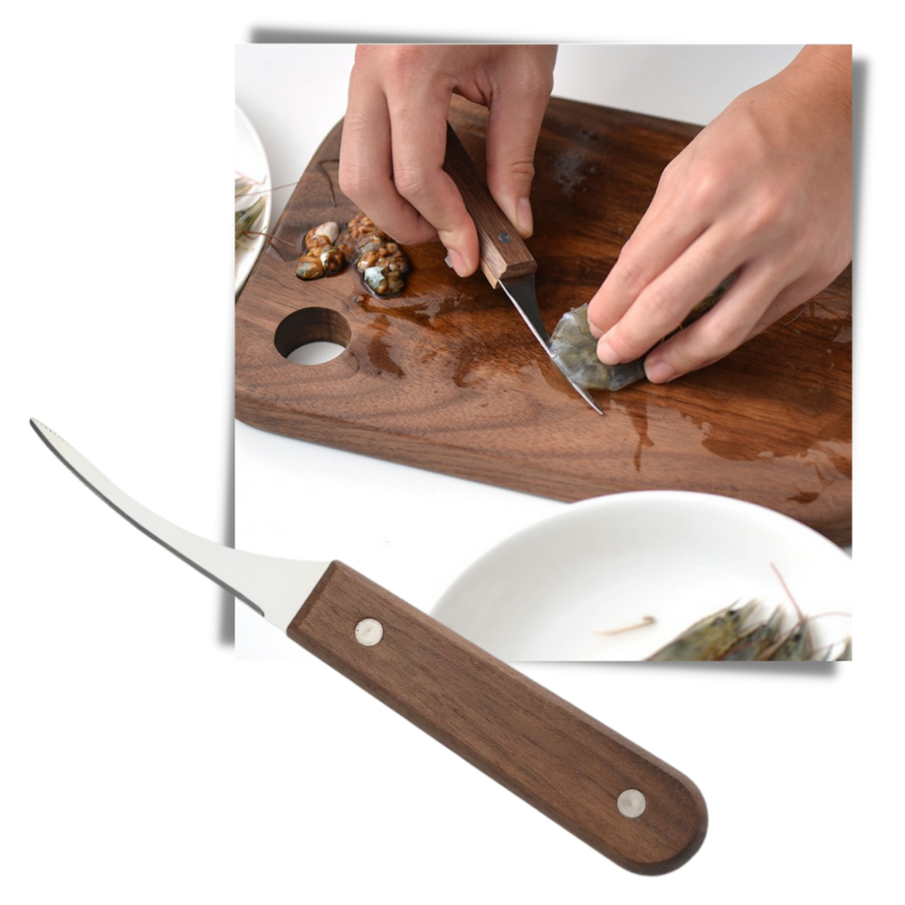 Faca descascadora de camarão em aço inoxidável da marca Simday, utensílio de cozinha para limpar frutos do mar.
