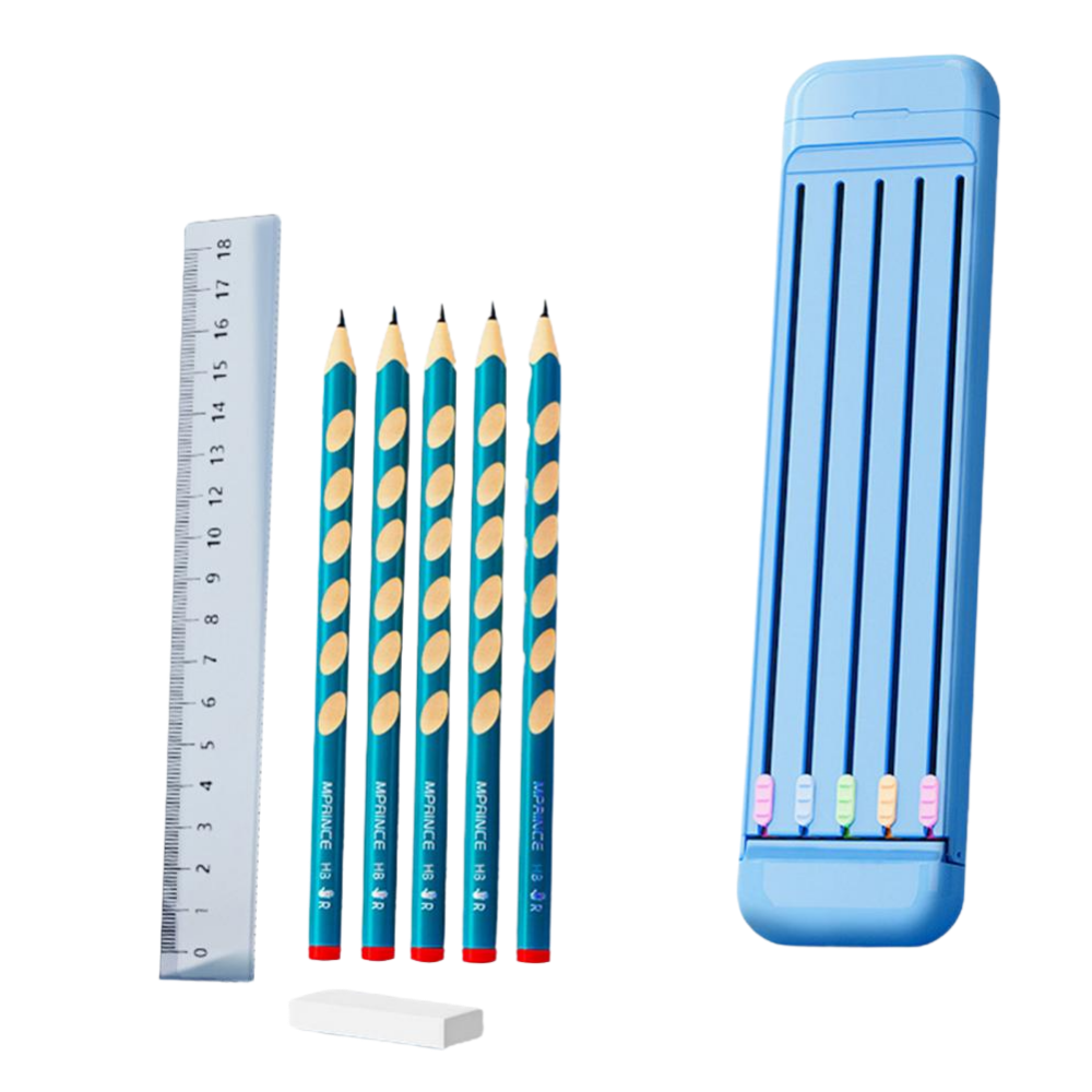 Estojo rígido para lápis e canetas Hevirgo com lápis coloridos e régua, em tom azul, ideal para organização escolar ou artística.
