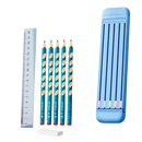 Estojo rígido para lápis e canetas Hevirgo com lápis coloridos e régua, em tom azul, ideal para organização escolar ou artística.