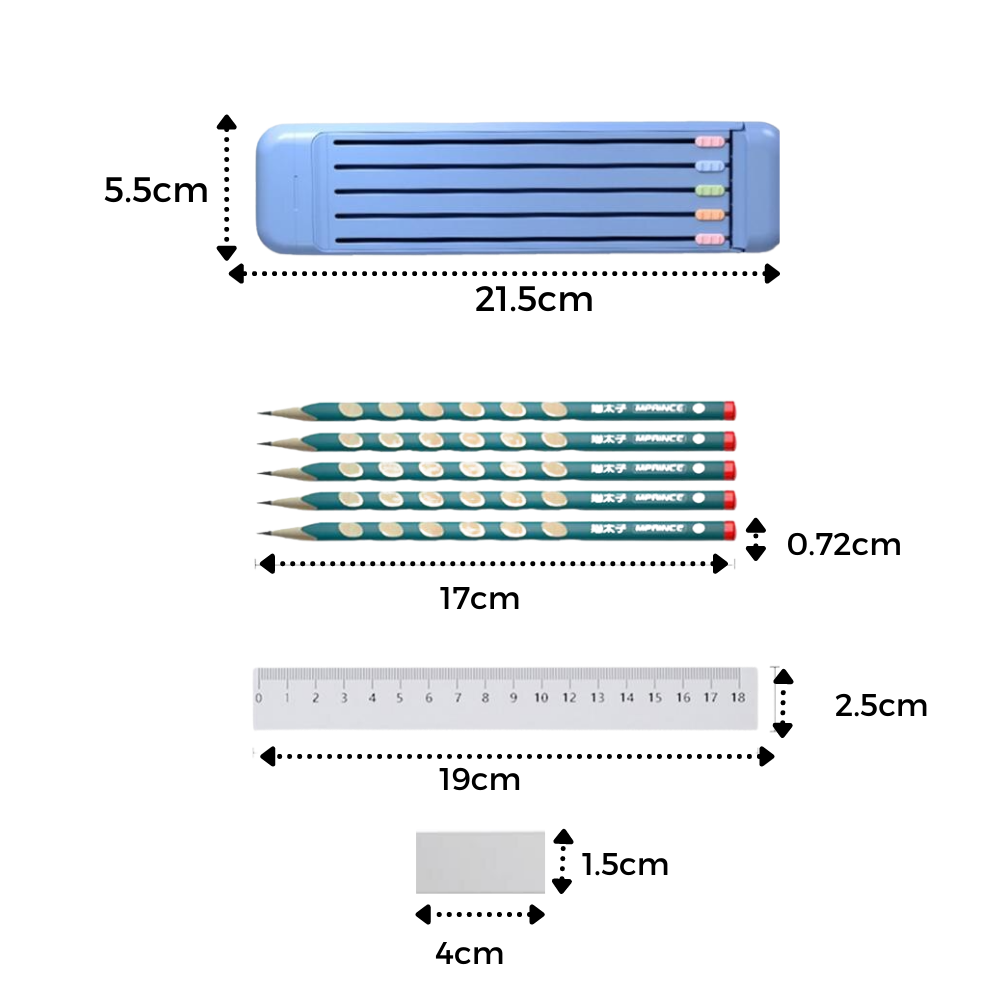 Estojo rígido para lápis e canetas Hevirgo com lápis coloridos e régua, ideal para organização escolar ou artística.
