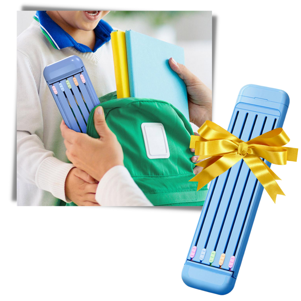 Estojo rígido para lápis e canetas Hevirgo com lápis coloridos e régua, ideal para organização escolar ou de escritório.