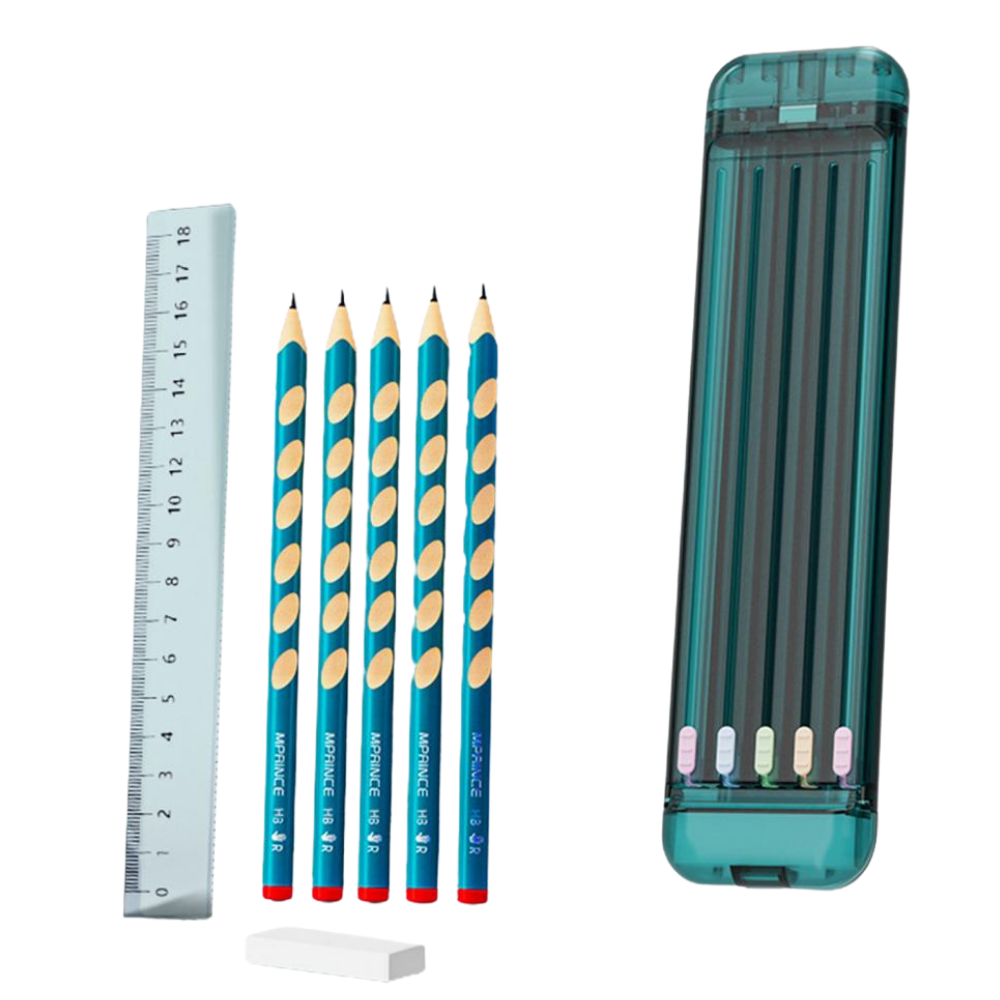 Estojo rígido para lápis e canetas Hevirgo com lápis coloridos e régua, ideal para organização escolar ou artística.
