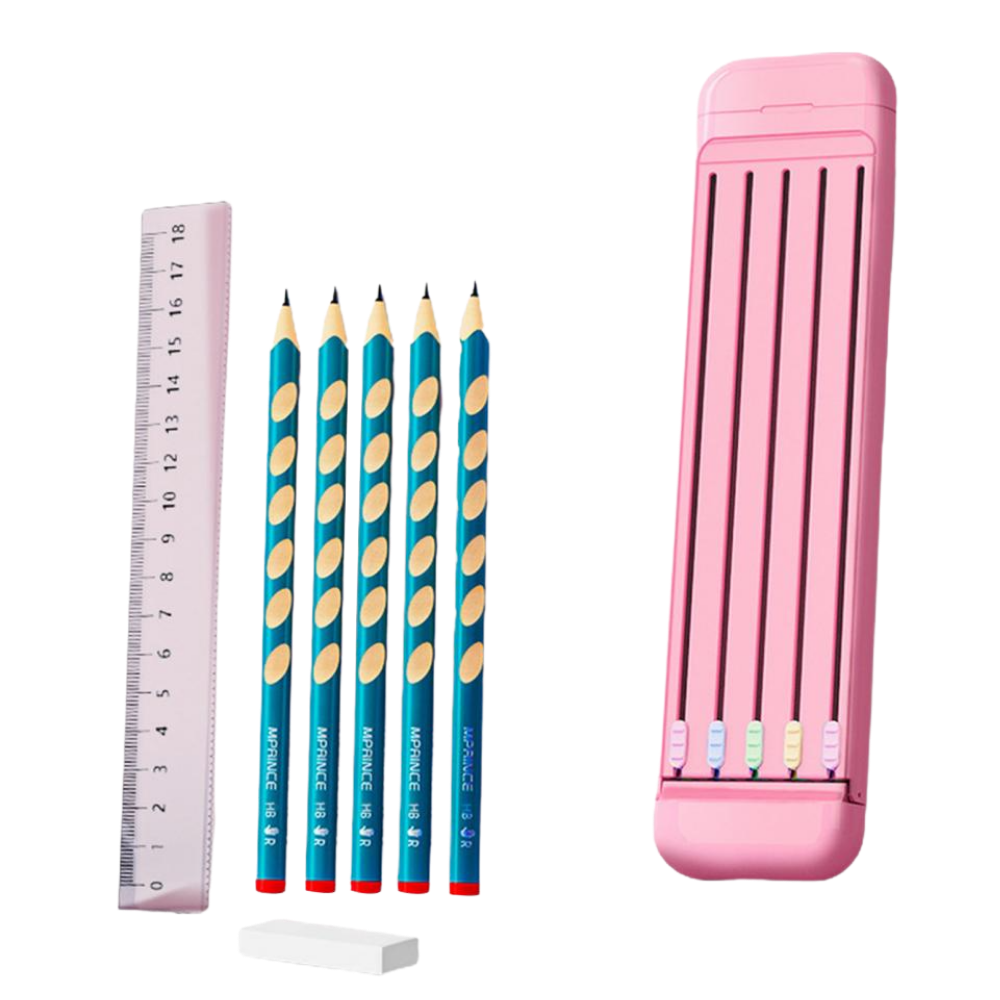 Estojo rígido para lápis e canetas Hevirgo com lápis e régua, em tom rosa, ideal para organização escolar ou artística.