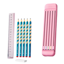 Estojo rígido para lápis e canetas Hevirgo com lápis e régua, em tom rosa, ideal para organização escolar ou artística.