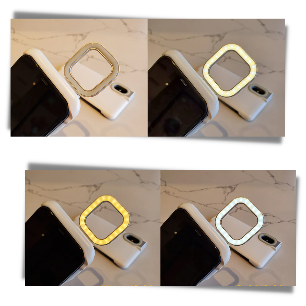 Capa de telefone Peyan com anel de luz LED ajustável e modos de iluminação para selfies e videochamadas.