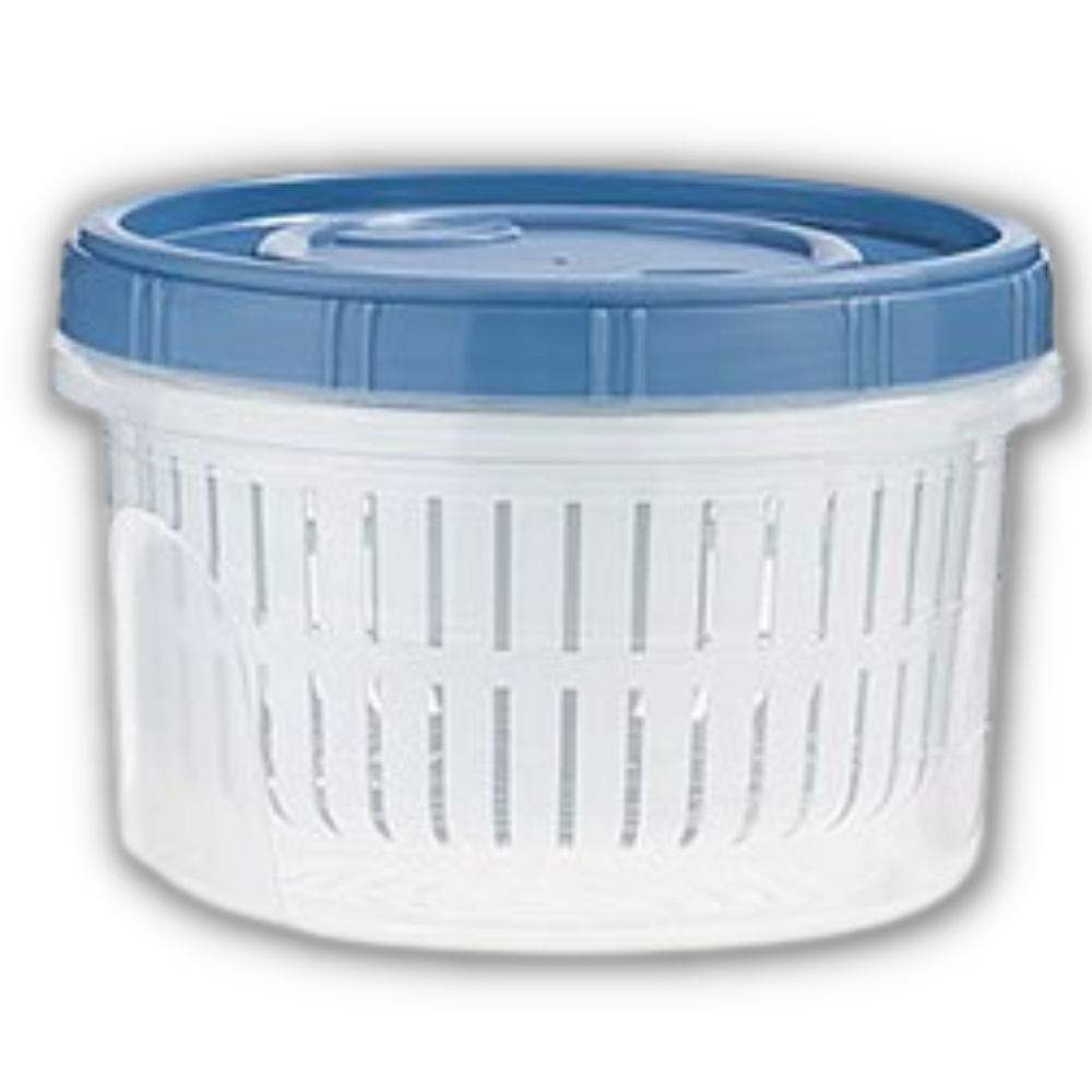 Recipiente de armazenamento de alimentos empilável com escorredor, plástico azul de 500 ml, ideal para conservar alimentos.