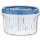 Recipiente de armazenamento de alimentos empilável com escorredor, plástico azul de 500 ml, ideal para conservar alimentos.