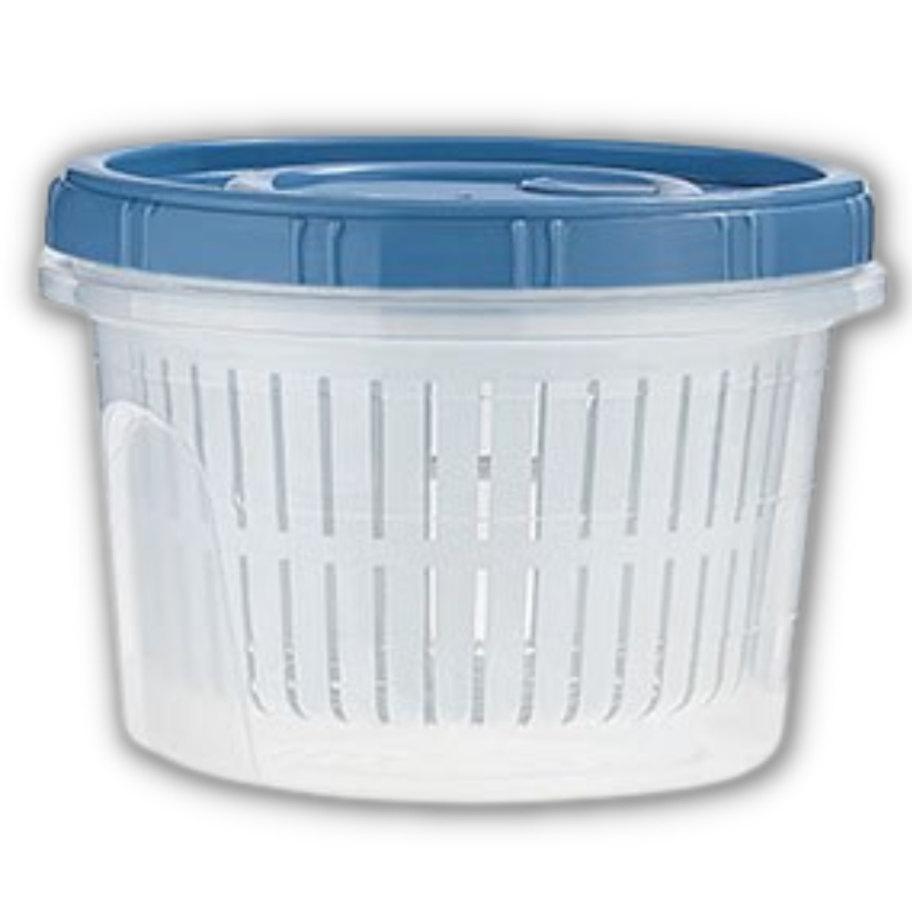 Recipiente alimentício empilhável com escorredor, recipiente de armazenamento de alimentos em plástico azul de 900ml.