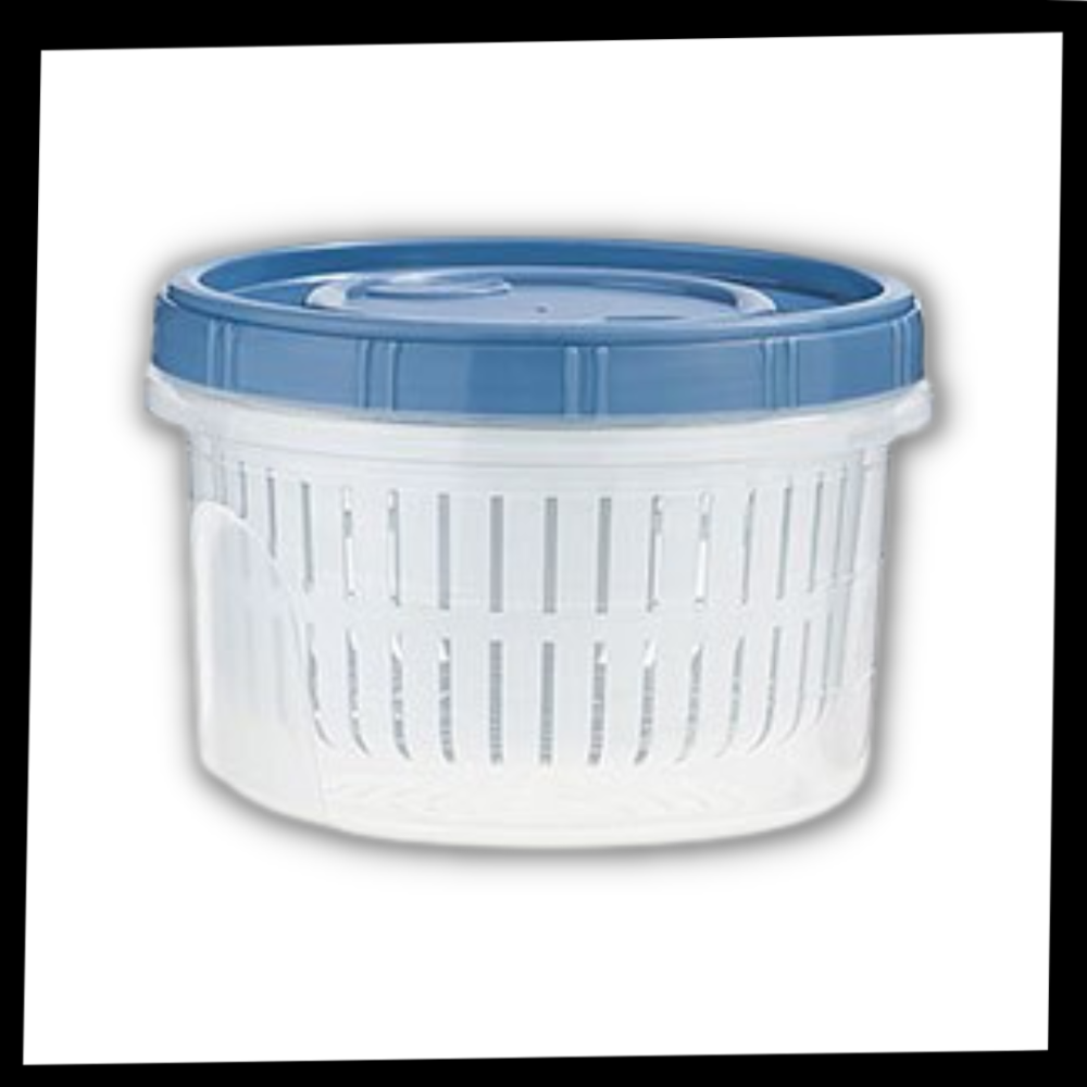 Recipiente empilável para alimentos com escorredor da marca Epackagesupply, ideal para armazenamento e drenagem de alimentos.