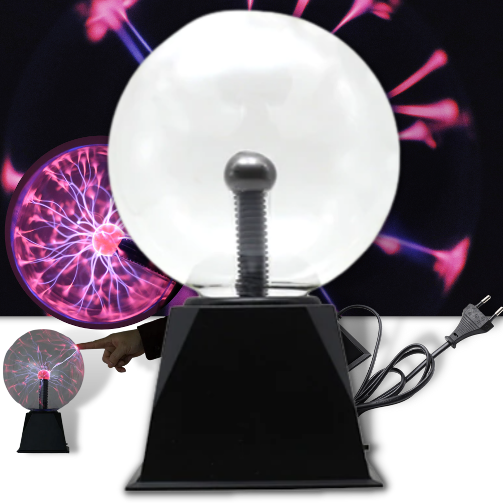 Lâmpada boule plasma mágica da Szcq, veilleuse de ambiente com efeito de plasma em uma sala moderna.