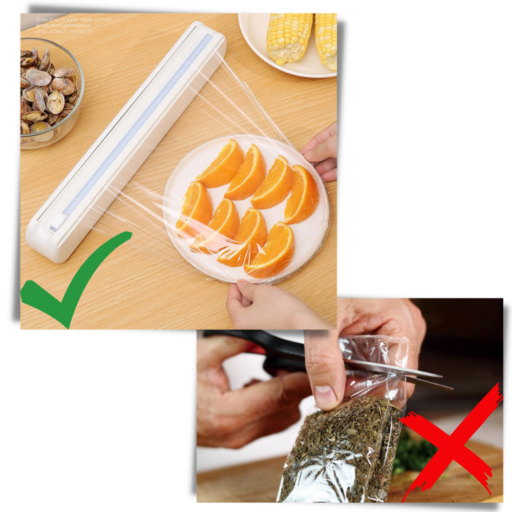 Distributeur e cortador de filme plástico Biosa, acessório de armazenamento alimentar para facilitar a preservação de alimentos.