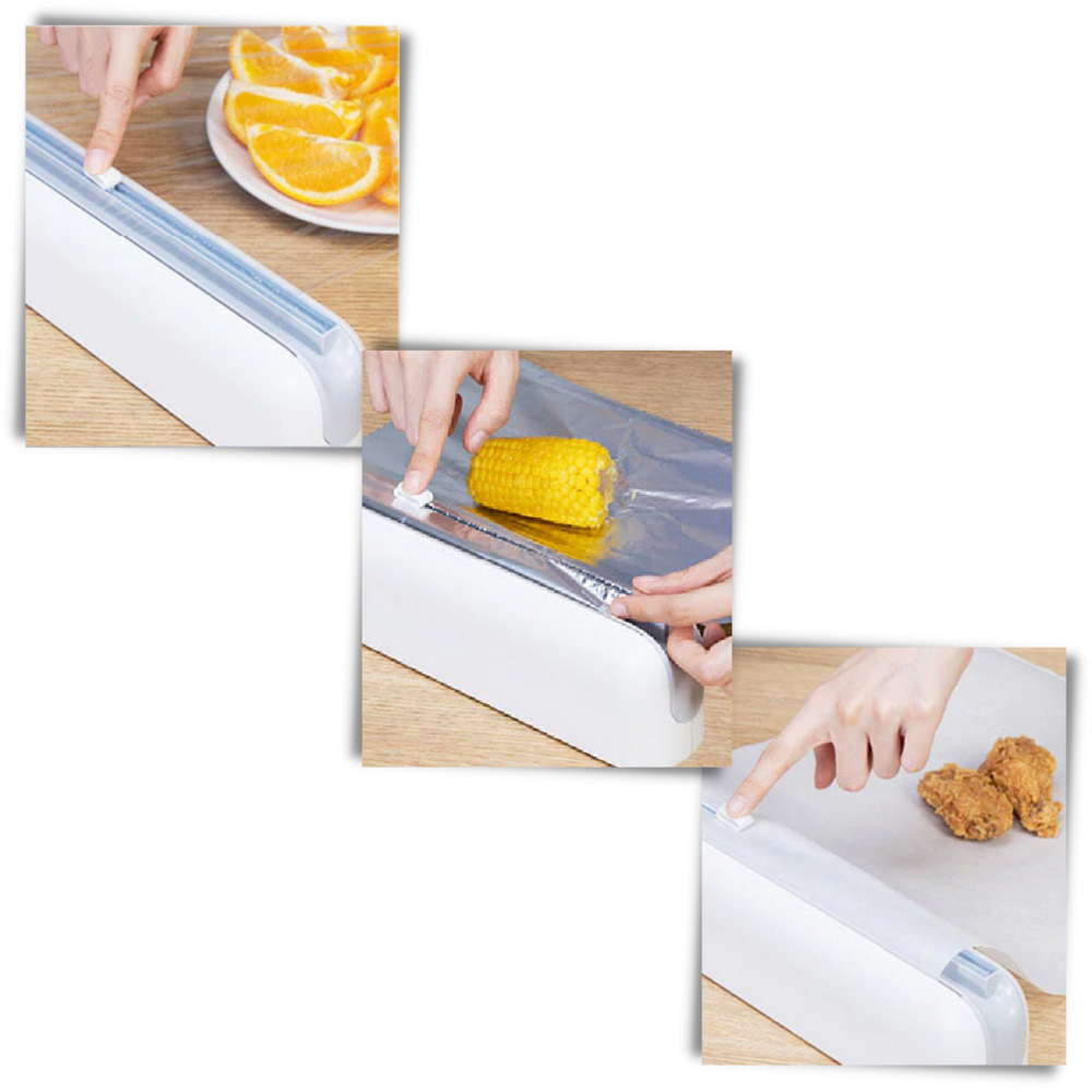Distributeur e cortador de filme plástico Biosa, acessório de armazenamento alimentar com lâmina para cortar filme com facilidade.