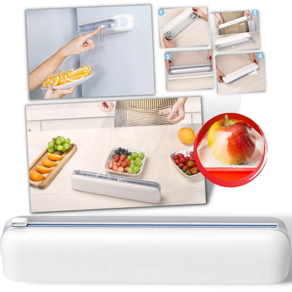 Distributeur e cortador de filme plástico Biosa para armazenamento de alimentos, com lâmina e suporte plástico.