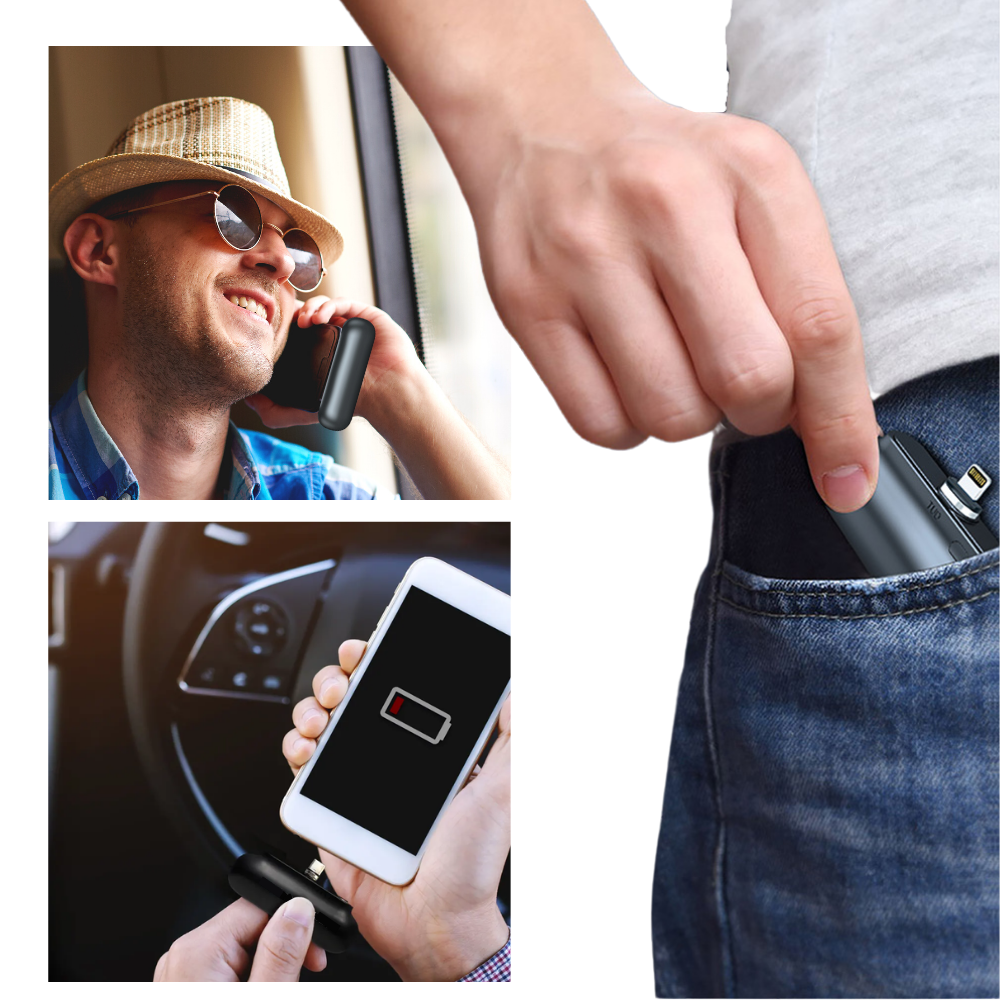 Carregador portátil Gkg para telefone, dispositivo de alimentação compacta com cabos integrados e design leve.