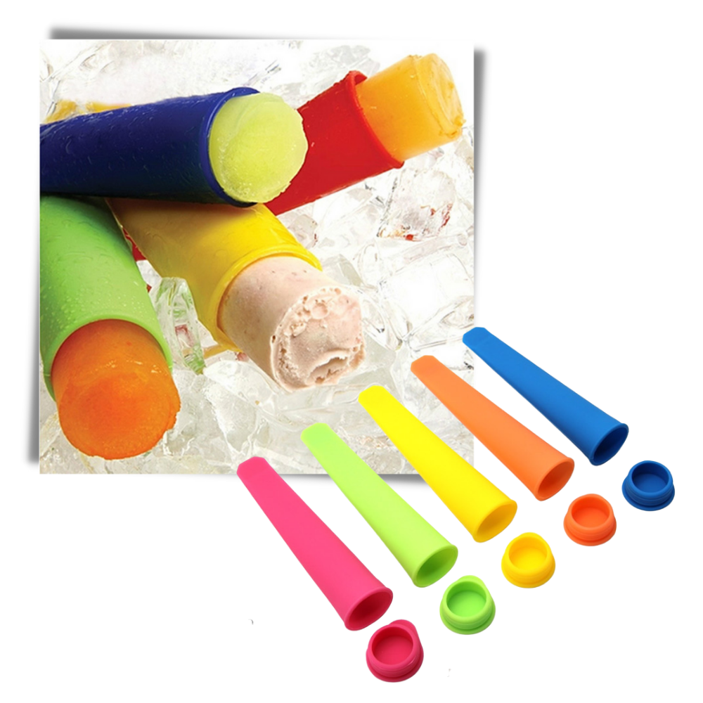 Conjunto de 5 moldes de silicone para picolés ecológicos da Ecoberi, ideal para fazer sorvetes em casa.