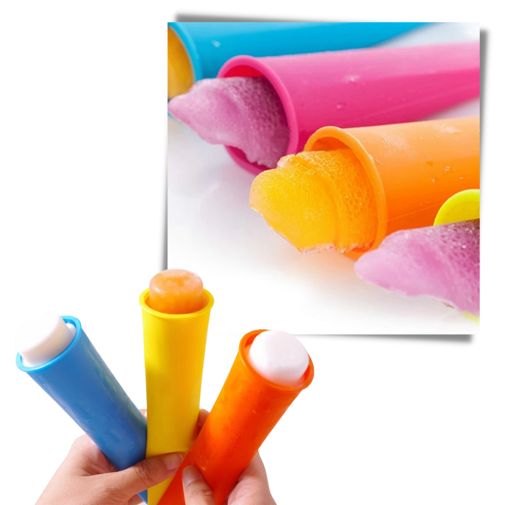Pack de 5 moules de silicone Ecoberi para fazer picolés e sorvetes, com formatos variados para sobremesas congeladas.