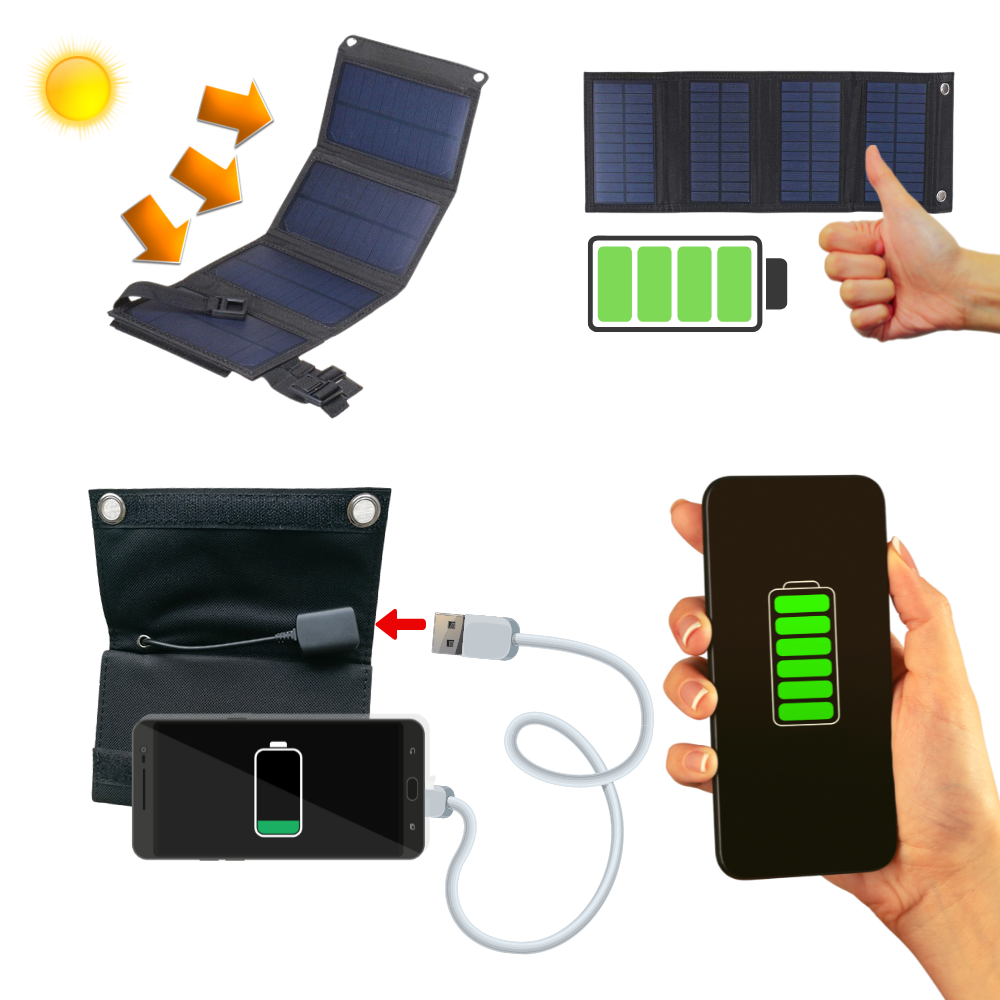 Carregador portátil com painel solar e porta USB da Mdhand, mostrando painel solar e porta USB para recarregar dispositivos.