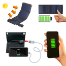 Carregador portátil com painel solar e porta USB da Mdhand, mostrando painel solar e porta USB para recarregar dispositivos.