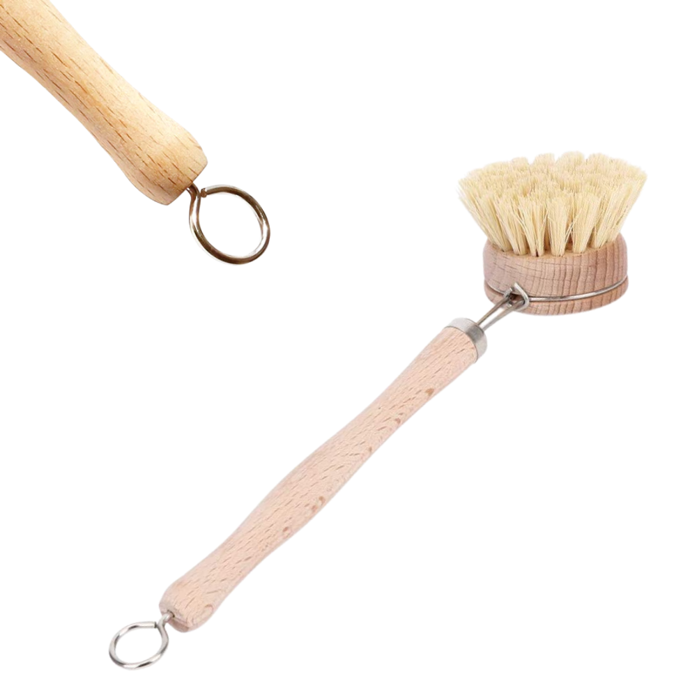 Escova de limpeza ecológica Danjastic para utensílios de cozinha, com design compacto para armazenamento fácil.