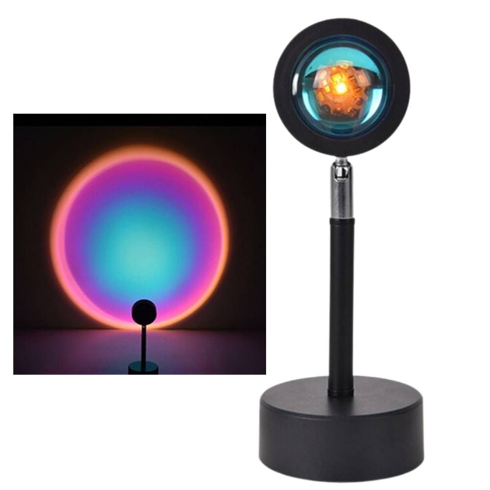 Lâmpada de mesa Toutek com projetor de luz colorida LED, iluminando com efeito arco-íris em ambiente interno.