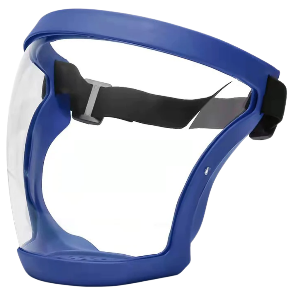 Máscara de proteção transparente Beiyueji, máscara completa, cobertura facial, com design azul, proteção eficaz contra partículas.