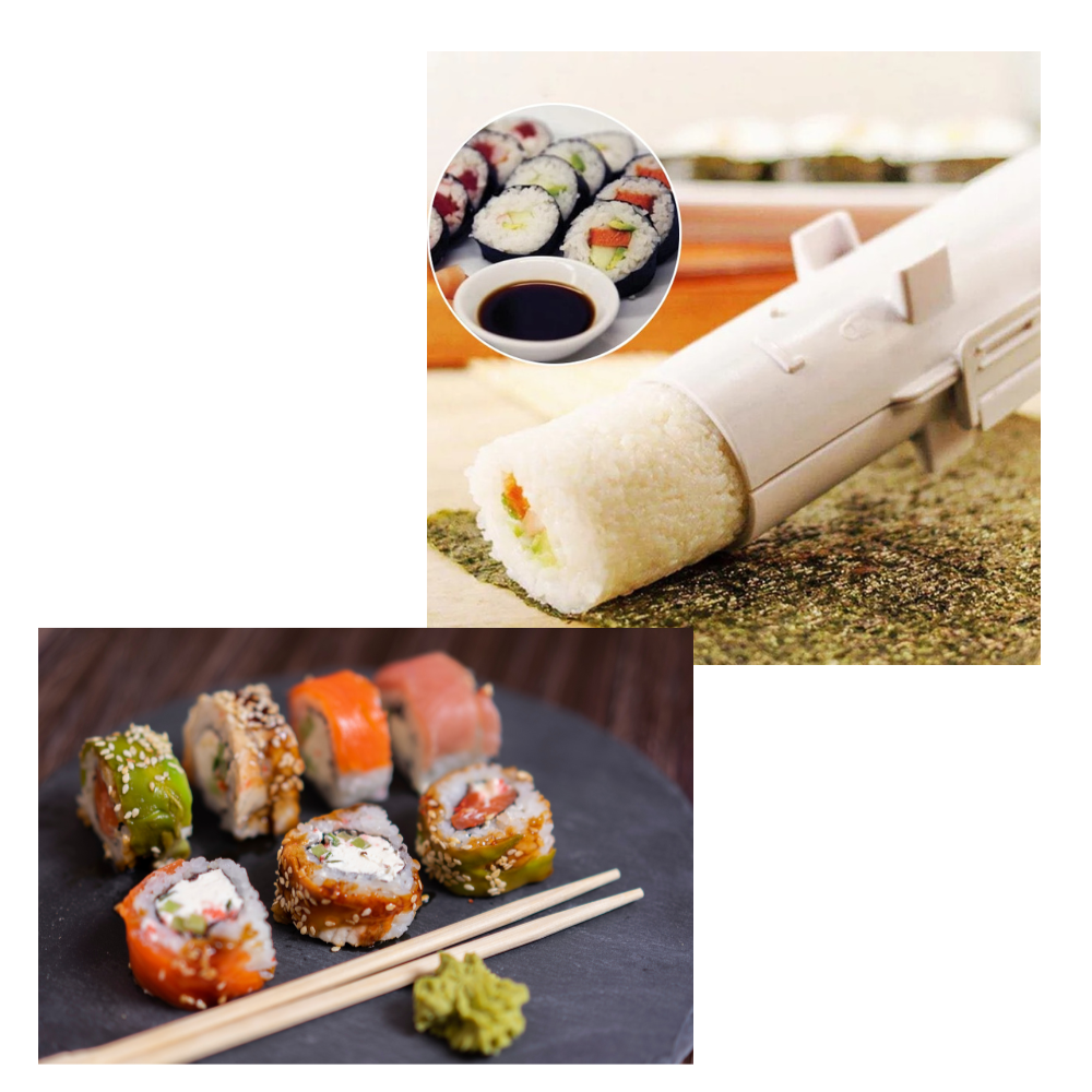 Conjunto de utensílios de cozinha Chefoh para fazer sushi rapidamente, incluindo rolos e moldes para preparação de sushi.
