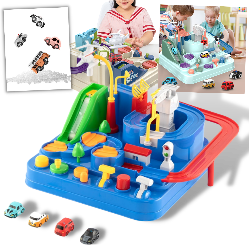 Carrinho de brinquedo mecânico para crianças, acessório de pista de corrida da marca Apmemiss, com detalhes coloridos.