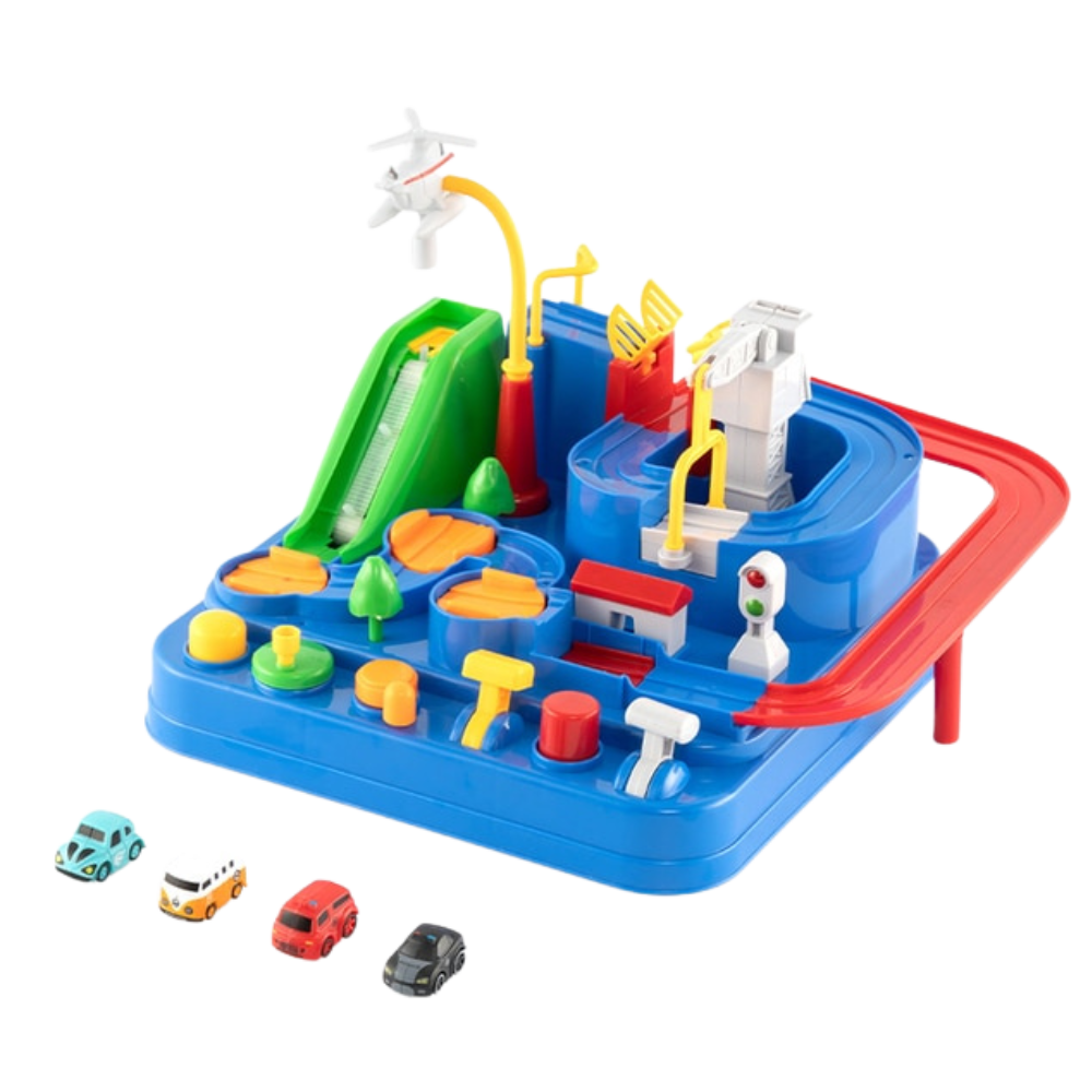 Acessórios para veículos de brinquedo, carrinho mecânico para crianças da marca Apmemiss, com trilho de corrida e detalhes coloridos.