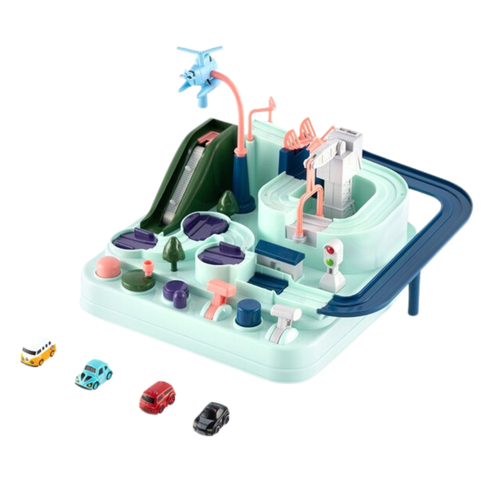 Acessório de brinquedo para veículos de jogo, carrinho mecânico infantil da marca Apmemiss sobre trilho de ferro.