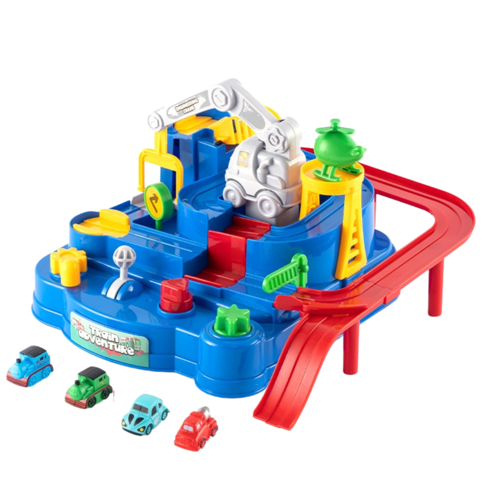 Brinquedo de carro mecânico para crianças, acessório de trilho de corrida da marca Apmemiss, com detalhes coloridos e detalhes de veículos.