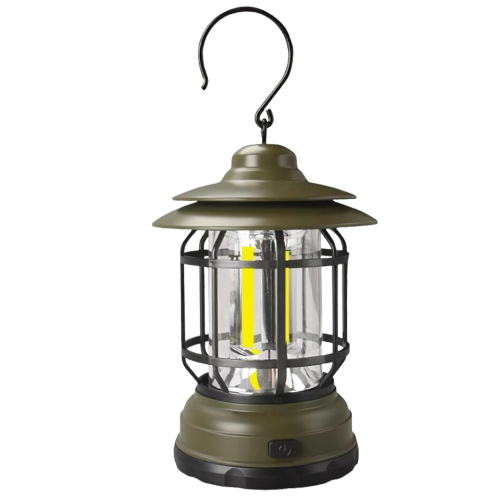 Lanterna de camping retrô à LED verde da Versear, ideal para atividades de camping e caminhada ao ar livre.