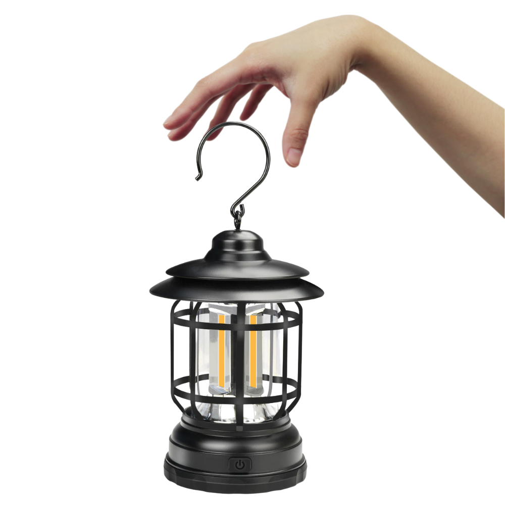 Lanterna de camping retrô à LED da Versear, portátil, ideal para atividades de camping e trilha, com design vintage e luz eficiente.