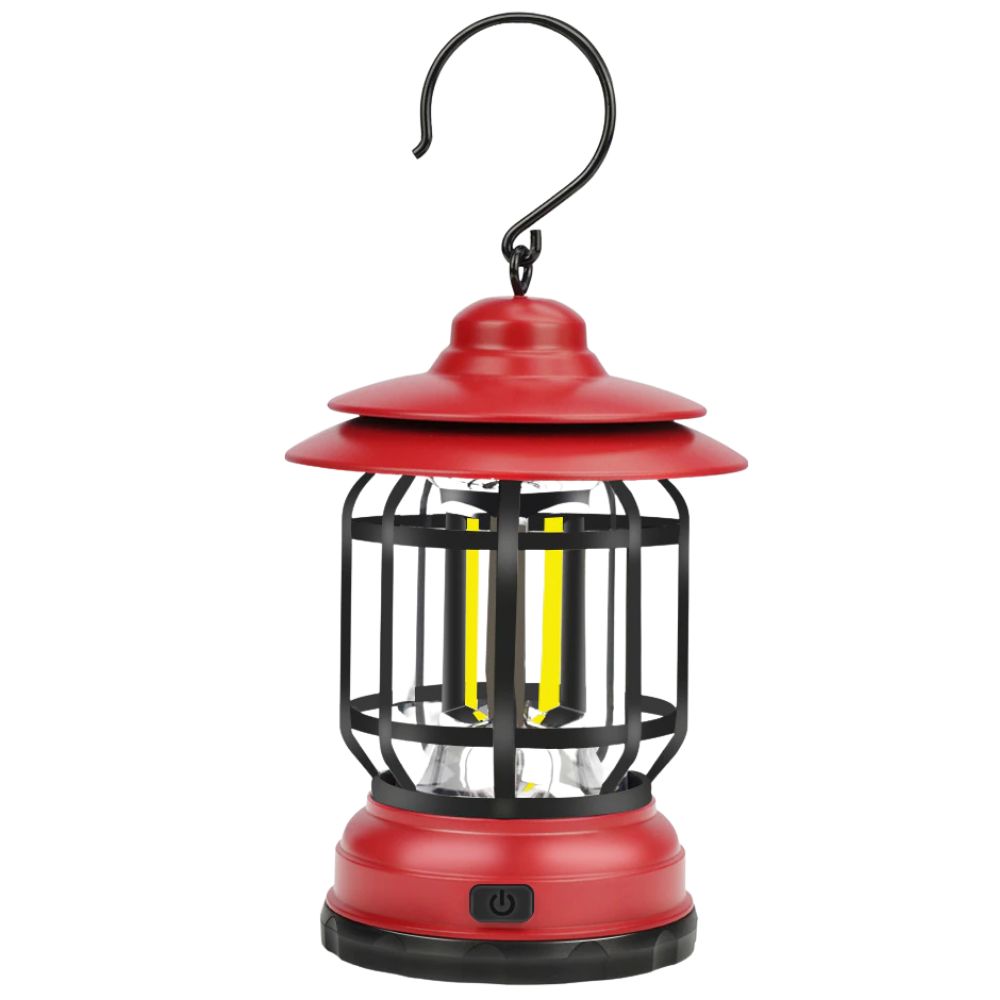 Lanterna de camping retrô à LED vermelha da marca Versear, ideal para atividades de camping e trilhas ao ar livre.