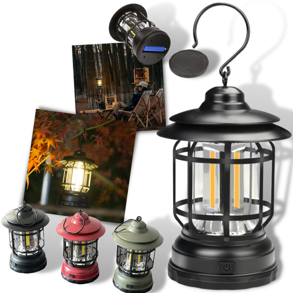 Lanterna de camping retro LED da Versear, luz portátil para atividades ao ar livre, ideal para camping e aventuras na natureza.