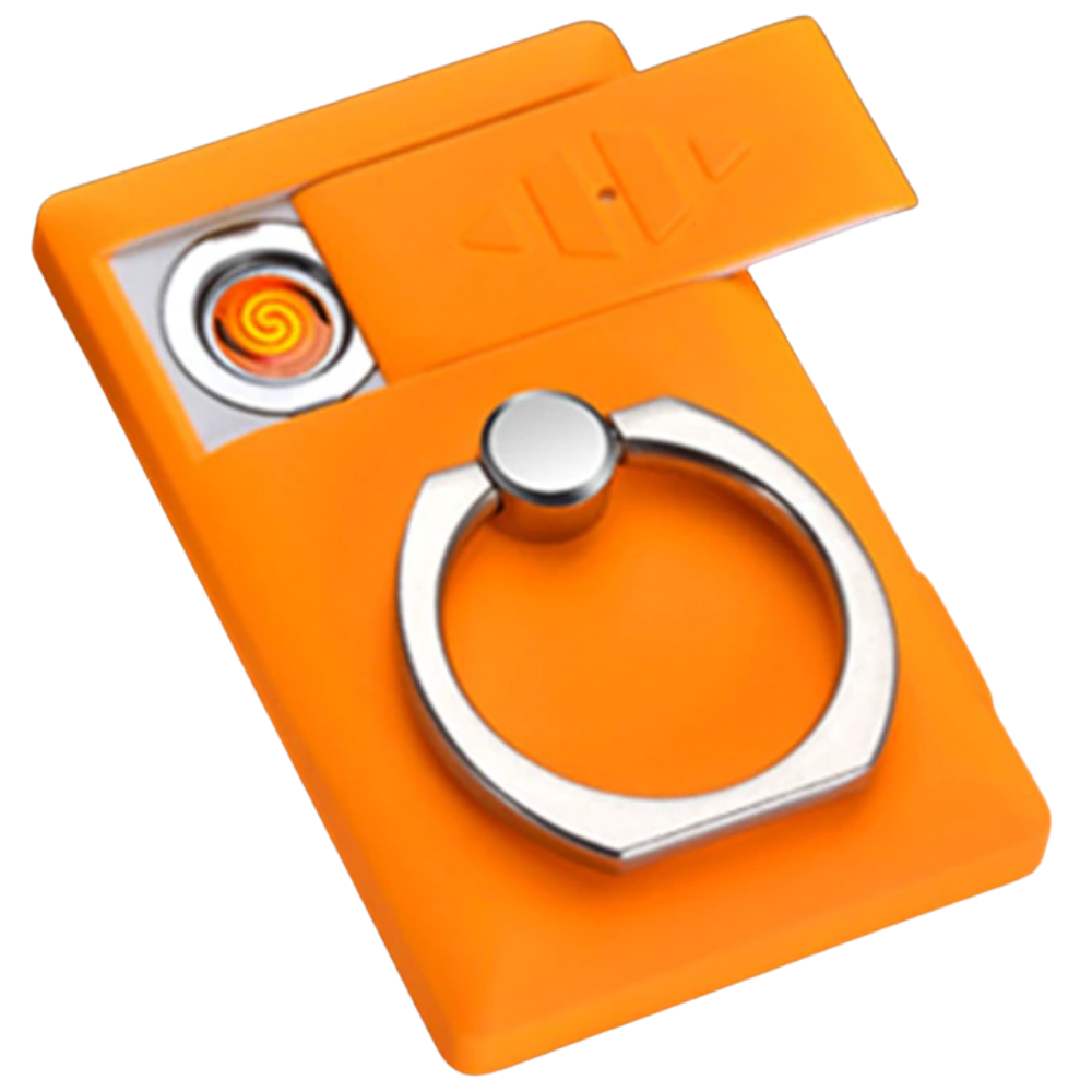 Anel de telefone com isqueiro Jettingbuy na cor laranja, com detalhes visíveis do anel e do isqueiro integrado.