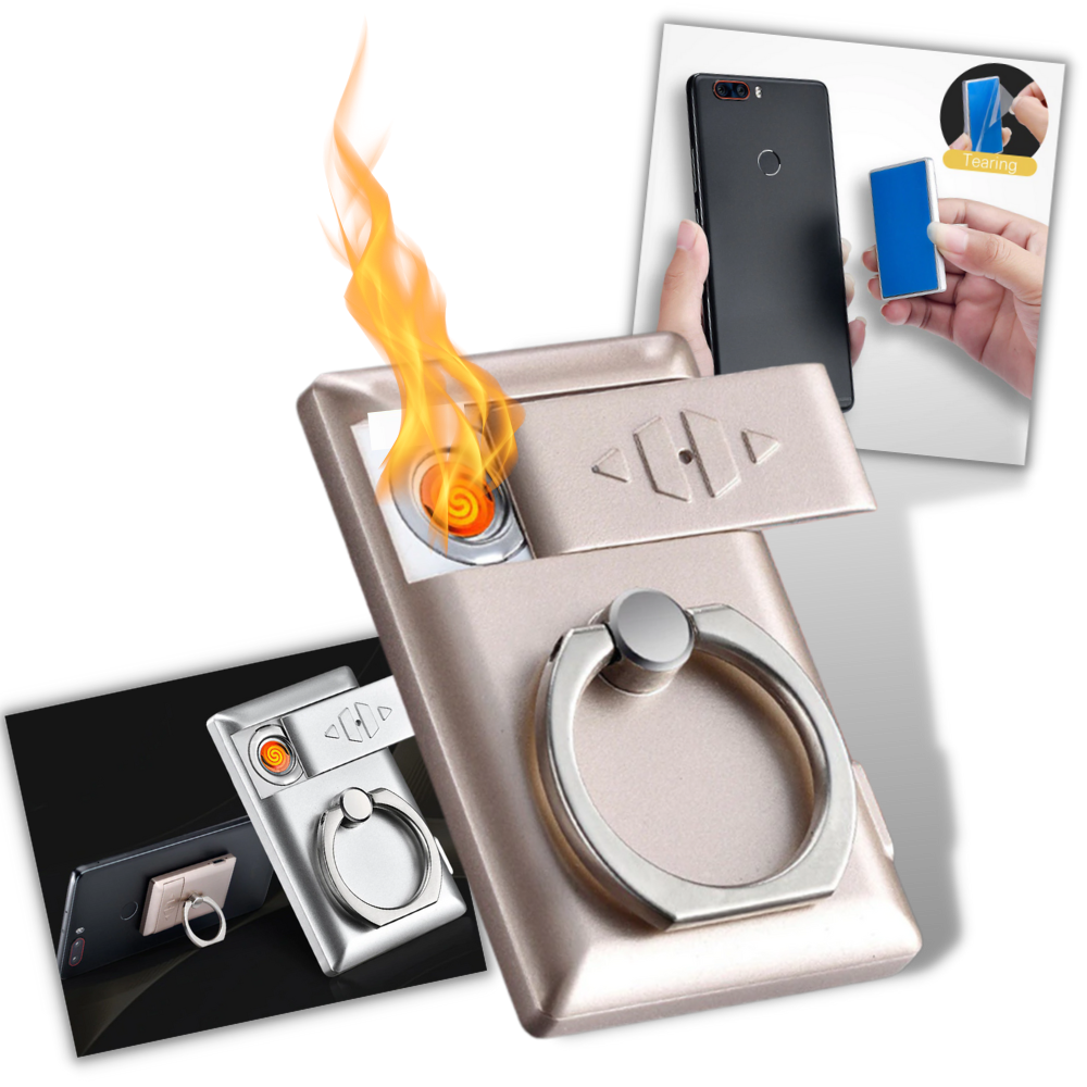 Anel de telefone com isqueiro Jettingbuy, acessório de telefonia com suporte para celular e isqueiro integrado, em uso.