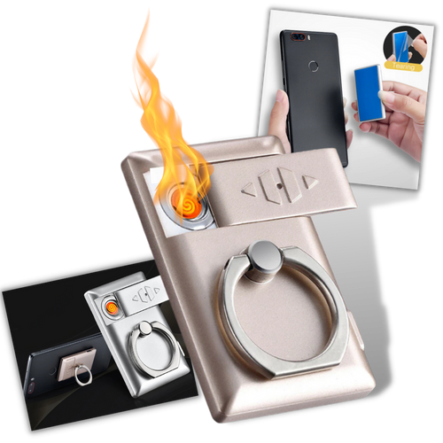 Anel de telefone com isqueiro Jettingbuy, acessório de telefonia com suporte para celular e isqueiro integrado, em uso.
