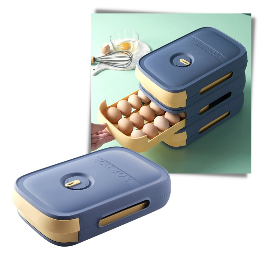 Caixa de armazenamento de ovos com design de rolo automático da Luokeji, ideal para organizar ovos na geladeira.