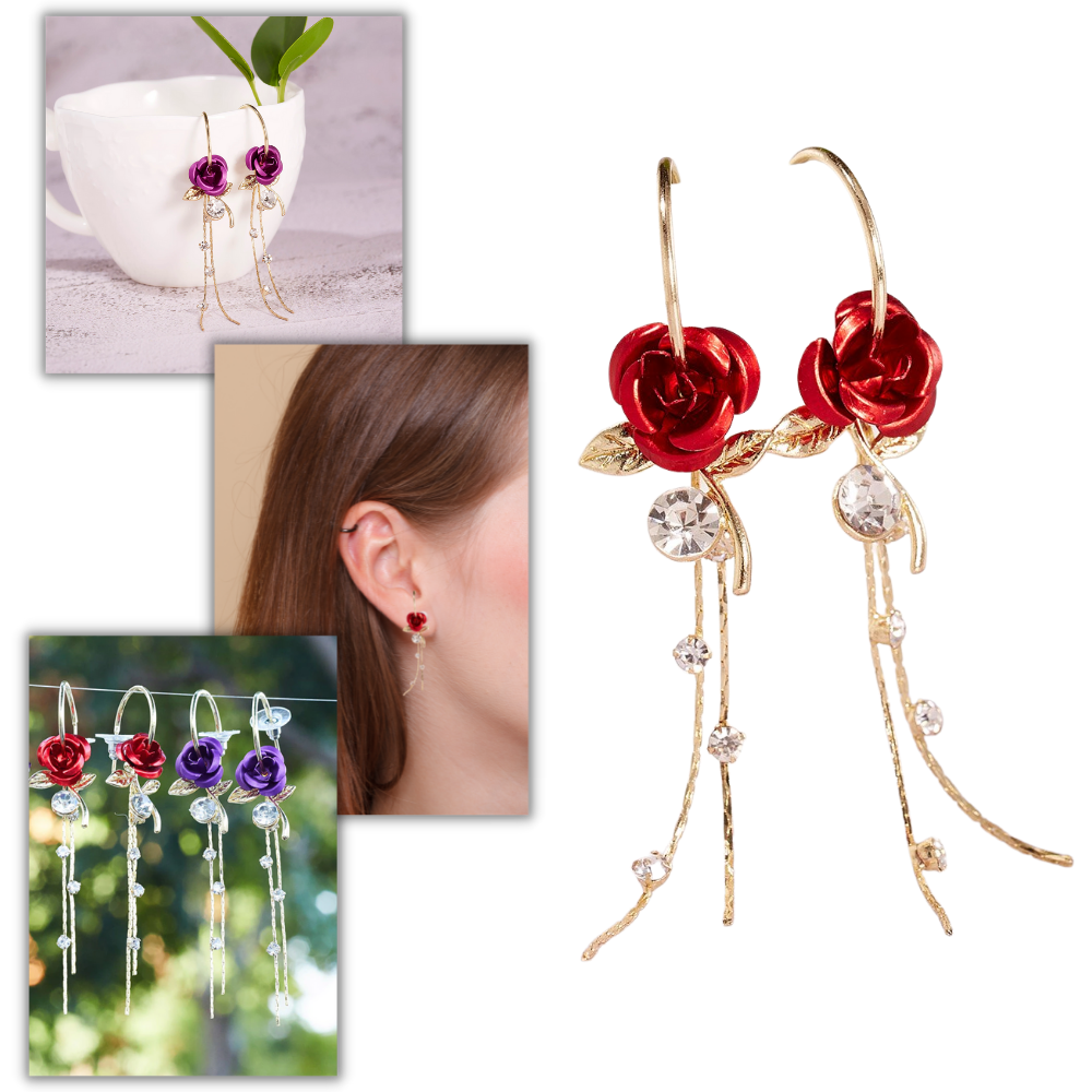 Brincos de argola com pingentes de rosas em estilo de gotejamento, marca Eastjing, detalhes delicados e elegantes.