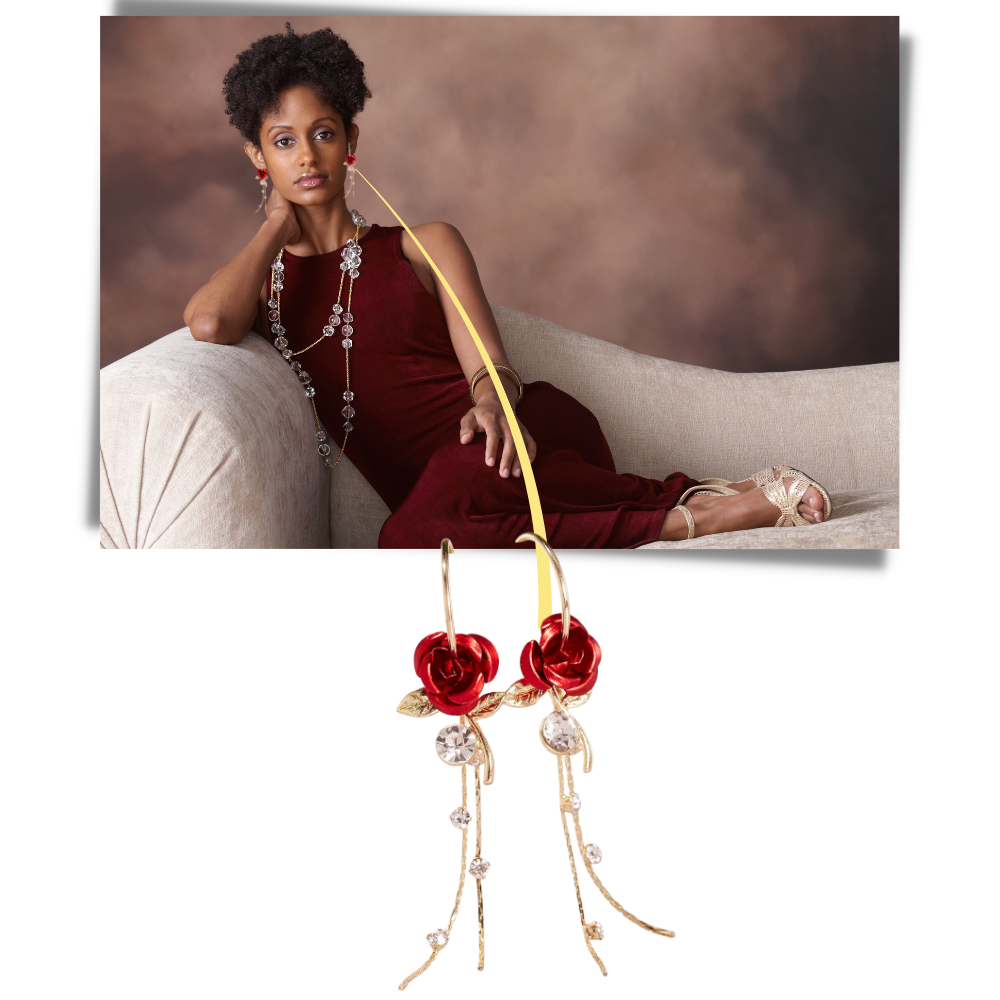 Brincos de argola com borlas em forma de rosas, brincos elegantes da marca Eastjing com detalhes delicados.