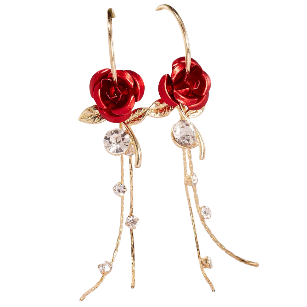 Brincos de argola dourados da Eastjing com borlas em forma de rosas vermelhas, detalhes elegantes e femininos.