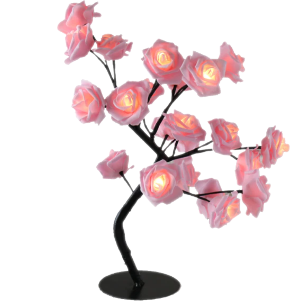 Lâmpada decorativa em forma de rosa artificial da Sunnimix, com detalhes de flores e folhas em tons de vermelho e verde.