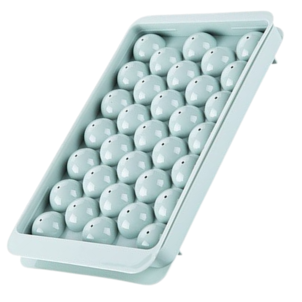 Conjunto de moldes de silicone para cubos de gelo redondos da Rikastua, com fundo azul, ideal para bebidas e drinks.