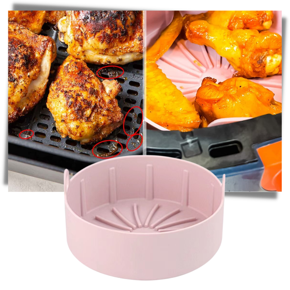 Poêle de silicone reutilizável para air fryer, material de cozinha antiaderente, design redondo para preparo de alimentos.