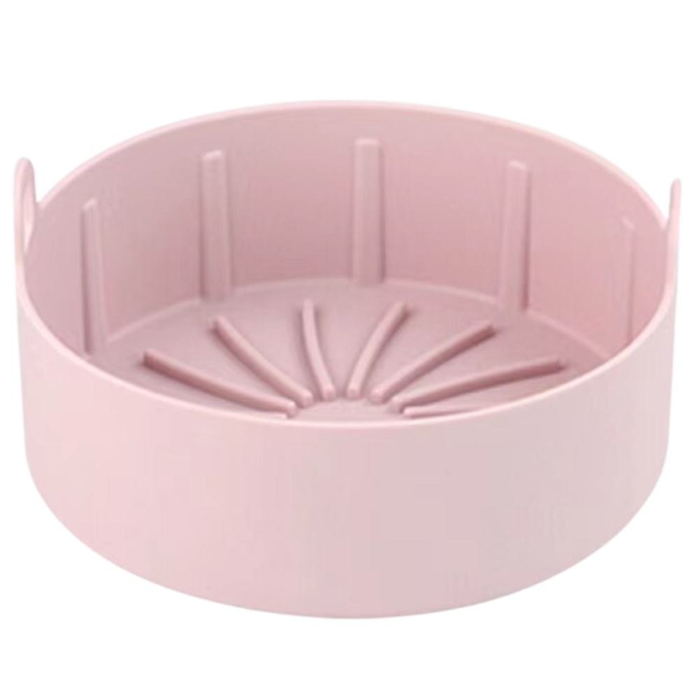 Poêle de silicone reutilizável para fritadeira a ar, material de cozinha e confeitaria, na cor rosa, ideal para preparar alimentos.