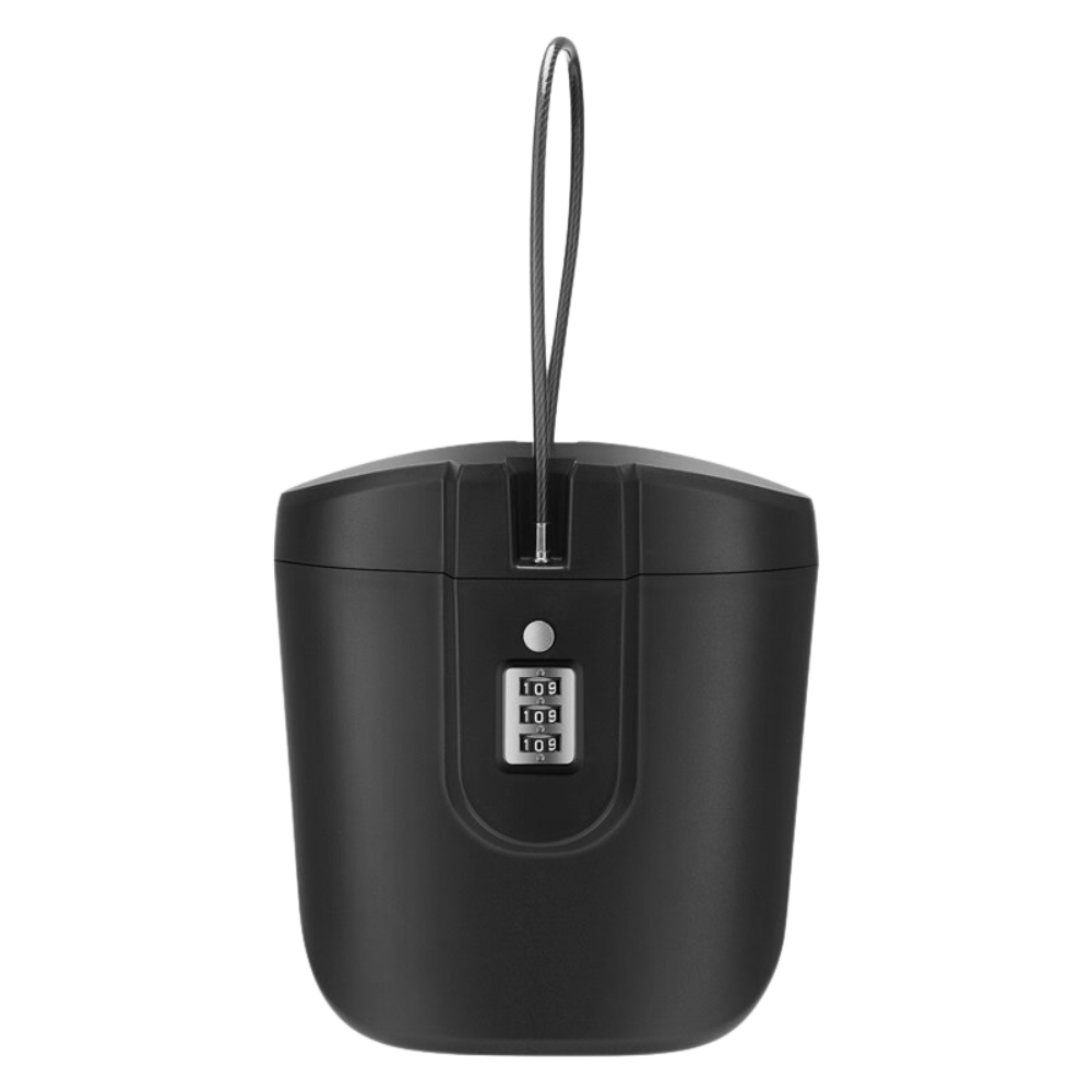 Coffre-fort portátil Safego com alça, corpo preto, ideal para segurança de objetos pessoais em viagens ou uso doméstico.
